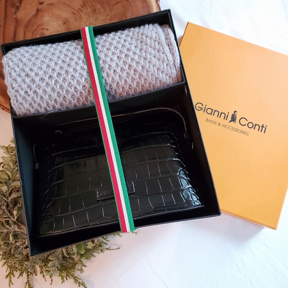 Gianni Conti Italian Black Leather Crocodile Print Crossbody Purse & Scarf Set - Picture 9 of 10